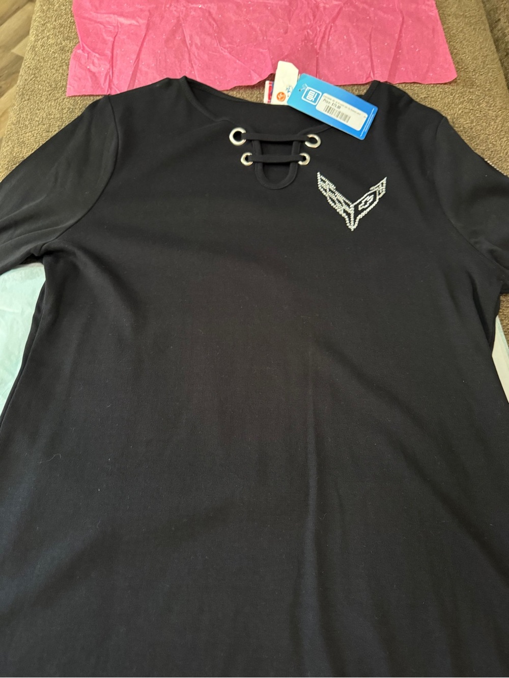 Women's Black Lace-Up Crewneck Top with Corvette Logo